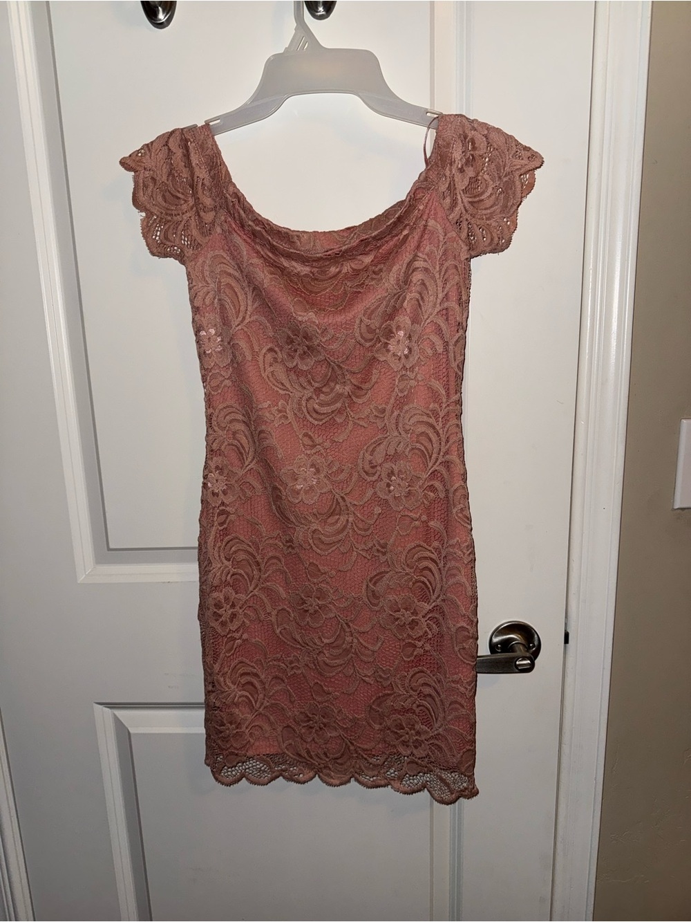 Lace Overlay Cowl Neck Mini Dress in Dusty Rose